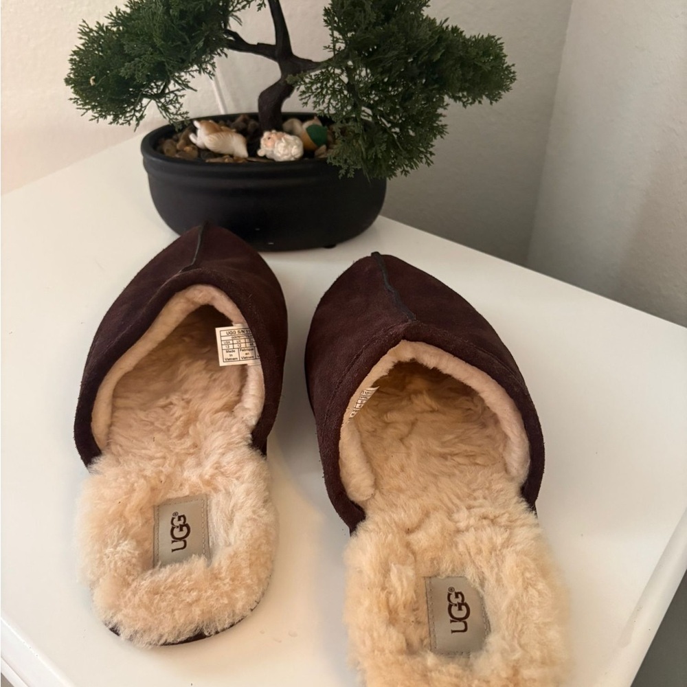 UGG Chocolate Suede Shearling Slippers - Picture 2 of 4